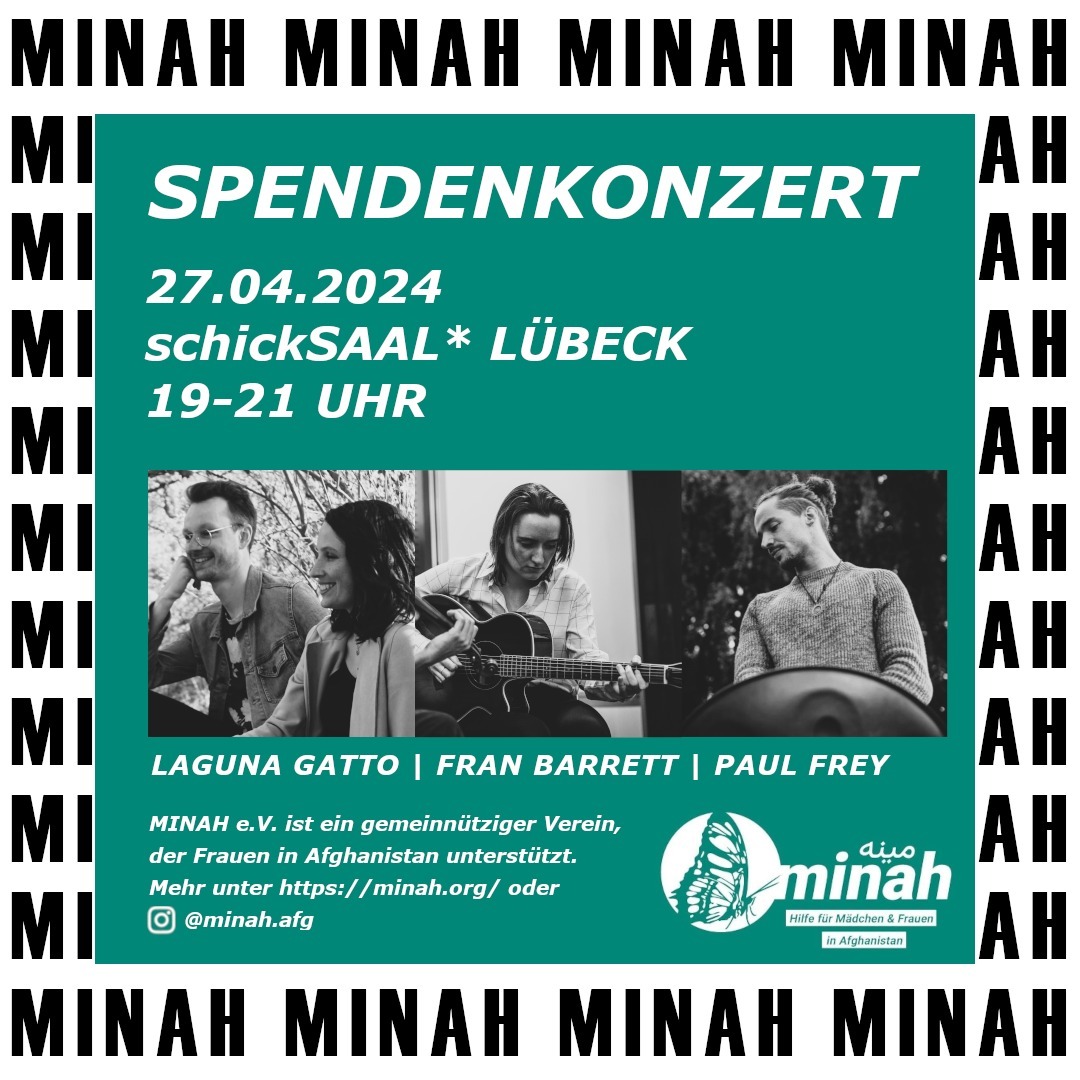 SPENDENKONZERT!
27.04.2024 im @schicksaal_kollektiv Lübeck von 19 bis 21 Uhr!
Sei dabei!
Alle Spenden werden direkt an bedürftige Frauen und Mädchen in Afghanistan gespendet.
@paulfreymusic @iamthelunarman @lagunagatto